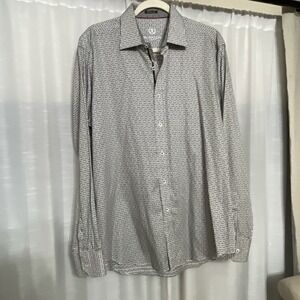 Bugatchi Shirt Men's L White Black Square Pattern Cotton Luxury
